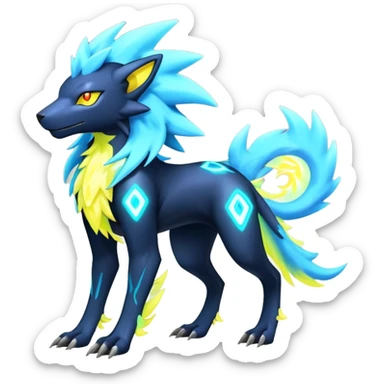  pastel dark bright vibrant futuristic lush warm-colored neon-glowing electric maned Luxray-Manectric-Fakémon-Vernid-Digimon-hybrid-creature (full body) sticker