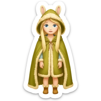 full body woman long blonde hair blue eyes white skin wearing rabbit hat and soft moss cloak sticker