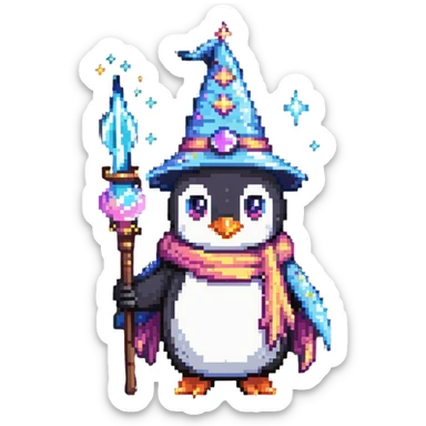 a penguin wizard with magical sparkles and a unicorn companion sticker