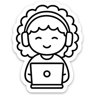 hand drawn outline icon of a curly hair girl with headphones and a laptop sticker