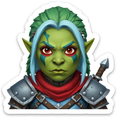 Fantasy Christmas orc legion soldier icon, iron tundra army theme, heavy winter armor, disciplined brutal look, dark icy steel armor with bold crimson cloth and markings, cold blue shadows, high contrast, clean emoji portrait style, female variant sticker