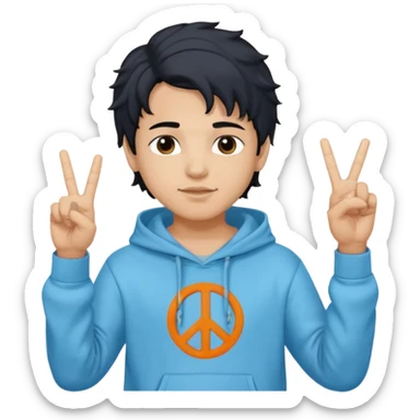 An indian boy in a light blue hoodie with wavy flow hairstyle showing peace sign, with black hair color sticker