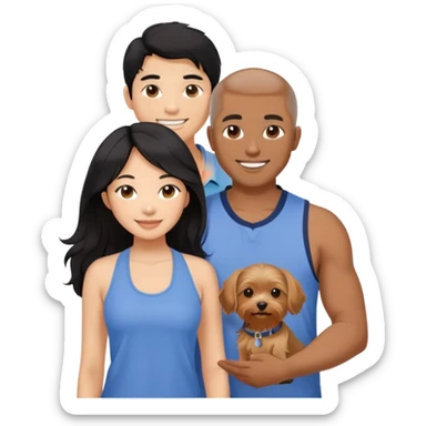 A pretty Asian girl with long, luscious wavy black hair (loose, no hair tie), wearing a sleeveless halter top. She is standing beside a brown-skinned man with a middle part haircut, who is wearing a polo shirt. They are both smiling and holding a small Yorkshire Terrier together. sticker
