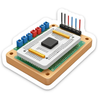 emoji-style icon of a breadboard with a microcontroller, wires connecting to an LED and a sensor, symbolizing a typical physical computing setup, simple and schematic sticker