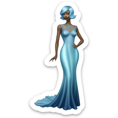 reptilian alien woman, in long slim pastel blue formal party satin dress with gradient shiny sparkling navy blue diamonds embroidered, full body full figure sticker