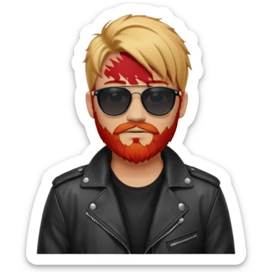 generate an ios genmoji of a 20 year old tan boy with black sunglasse Wearing a leather jacket. Has a dyed blonde beard and veryyyyy long red hair sticker