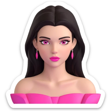 Kendall Jenner supermodel, longer face, long dark hair, bright pink glossy lipgloss, rosy pink blush, sharp winged eyeliner, bare shoulders sticker