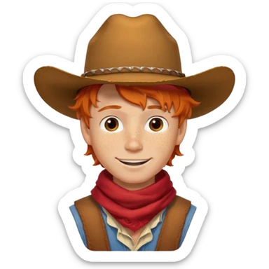 a wavy orange hair boy wearing a cowboy hat with a mischievous grin and freckles with western red scarf on his neck sticker