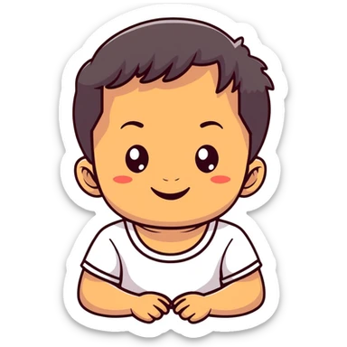 close-up of round smiling toddler face only with big eyes, medium skin tone, dark wavy hair, no neck visible, just the face sticker