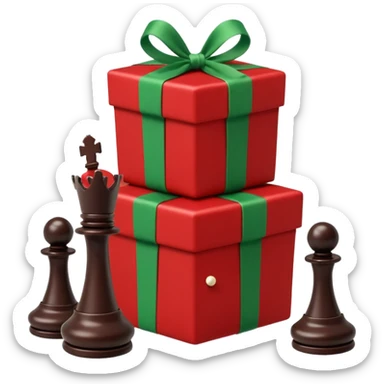 A red gift tied with a green ribbon in a white polka dot, with a knight and pawn chess pieces falling out of the gift sticker