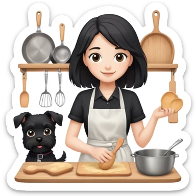 pale smiling girl baking with long back hair wearing black long shirt wearing apron holding black  schnauzer sticker