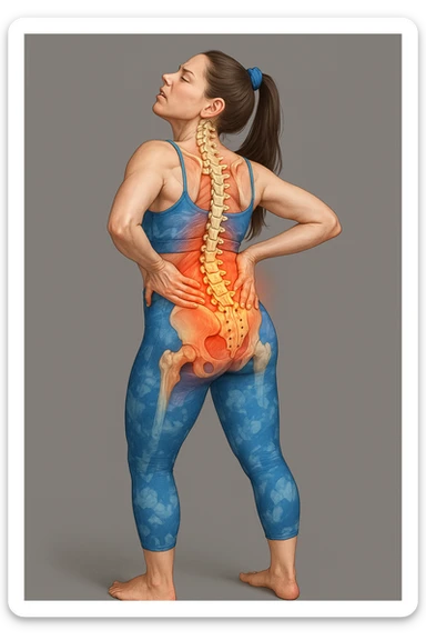 Realistic anatomical illustration of a woman in sportswear inspired by the reference photo, slightly bending backward holding the back due to pain, with highlighted muscles and vertebrae involved, neutral background. sticker