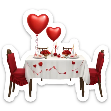 Red romantic party setting for two people and heart balloon  table with white cloth and candle with bows on the table photo Realistic  sticker
