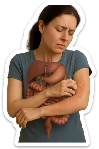 donna con intestino umano anatomico realistico che si gratta il braccio su cui ha un'eritema, iperrealistica 4k sticker