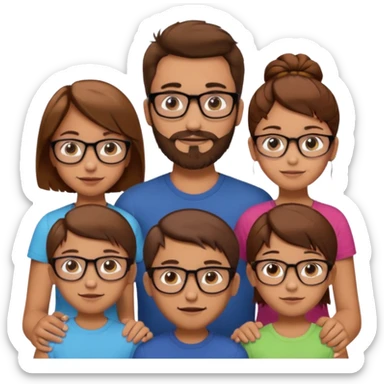 group portrait of white European family, man with brown hair and beard, woman with brown hair bun and glasses, 10-year-old boy with short brown hair, 8-year-old girl with long brown hair, 6-year-old boy with short red hair, emoji style sticker