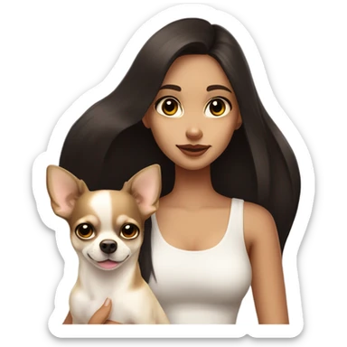 A girl with long very dark brown hair, big brown eyes, very big lips wearing a white singlet top, she is holding a small very light yellow chihuahua  sticker