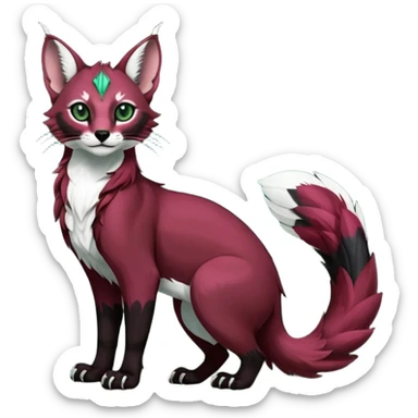 Colorful dark tropical tribal-marked dark burgundy wine-red obsidian-black jade-green white glorious iridescent divine exotic cute cool beautiful beautiful fantasy-caracal-civet-genet-sergal-vernid-Gryphon-Cacomistle-Trico-oncilla-animal-Fakémon-hybrid-fursona (full body) sticker