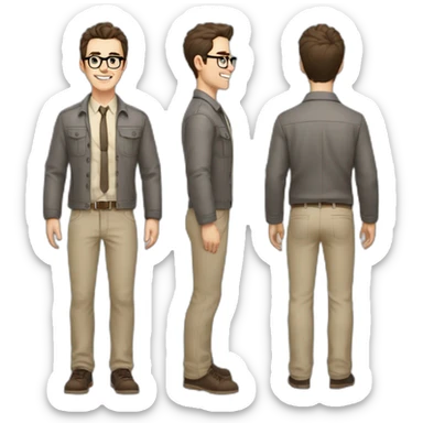 Joyful Full height Pale skinned Fit Man With dark brown hair in gray jacket, beige office shirt, Brown pants and vintage glasses. His thrumbs up sticker