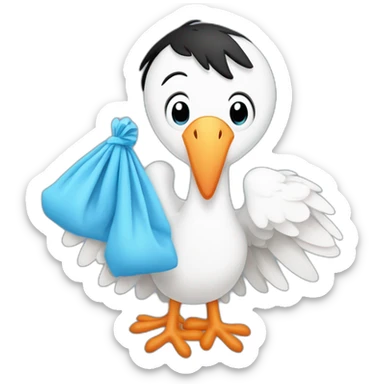  A stork is carrying a blue bundle of cloth in its beak that has a cute white skinned baby face peeking out from it with black head sticker