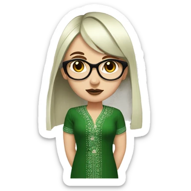 White girl in a green kurta with flower design, glasses, alot of piercing, gay, red lips, nose ring, full body, short straight black edgar hair, black straight hair, front bangs sticker