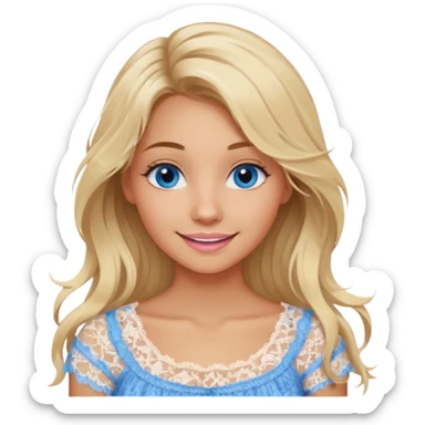 create an emoji of a young woman, tanned face, smile. she has an innocent natural look, very messy extremely long blonde hair, blueeyes, natural soft pink lips. she wears a very loose very very white lacy top sticker