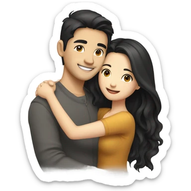 A cute and very happy Asian couple hugging each other very tight. The girl has long dark wavy hair and pale skin and dark hazel eyes, the Man has short dark straight hair and bright amber eyes and is pale sticker