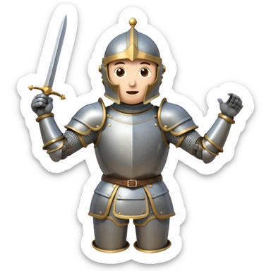 A cartoon knight in full armor with a closed helmet, expressing surprise. The knight's head is tilted slightly upward, arms raised in astonishment, and legs slightly apart. sticker