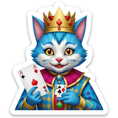 crazy colorful cute little cat jolly joker from poker, medieval, vintage, court jester, mac os icon, blue color, holds a single poker card sticker
