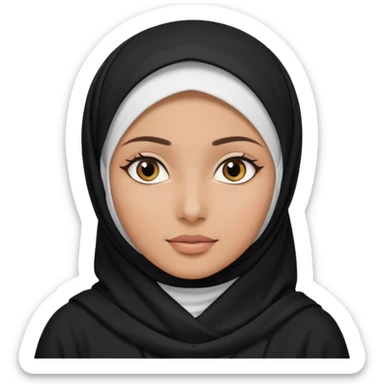Make a emoji of a Muslim girl wearing a white hijab and makeup on her face, with only her eyes visible and her full body covered in an abaya or burqa. sticker