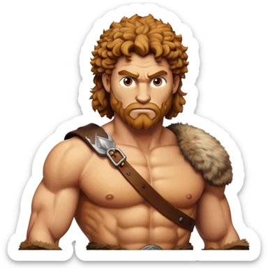 Cinematic Realistic Barbarian Hercules Portrait, depicted as a fierce Greek hero with the chiseled features of Michelangelo's David. His light tan, sculpted skin glows with timeless strength, and his thick, curly, golden brown hair cascades in wild, untamed curls reminiscent of a warrior’s mane. Instead of a flowing white robe with golden accents and a laurel wreath, he wears rugged, weathered leather and fur garments—a tattered, fur-trimmed cloak draped over broad shoulders and a simple circlet forged from iron and bone. His intense, determined eyes exude savage nobility, all rendered under dynamic natural lighting with a mythic, raw, radiant glow. sticker