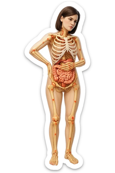 donna realistica a figura intera con red spot sparsi alle ossa, ossa del corpo visibili sul corpo, non sul volto iperrealistico 4k sticker