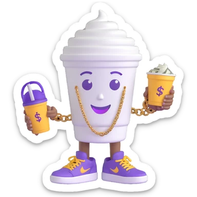 Transform the cartoon Styrofoam cup of lean character into a 3D cartoon style. Keep the friendly face, arms, gold chain with dollar sign, and purple Jordan sneakers. The cup should be white with purple liquid inside, with a simple and clean look. No background. sticker