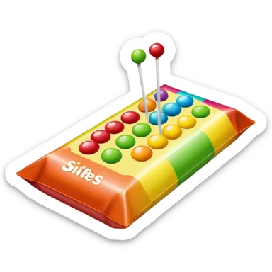 Ultra simplified Skittles package, just a small rectangular rainbow colored package with a few small green circle candies. Absolute minimal design with clean lines. sticker