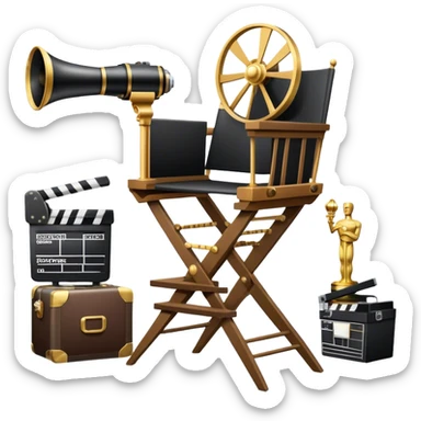 Icon for Directing: a director's chair, a large film camera, a megaphone, a stage set with lights and an Oscar statuette. The icon should represent the creative and leadership aspects of directing, with focus on film and theater production. Transparent background. sticker