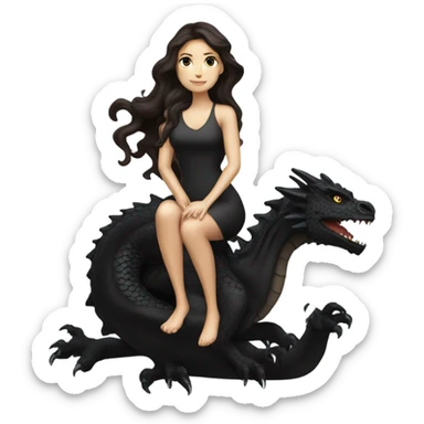 Beautiful white woman with long wavy dark brown hair riding a black dragon sticker