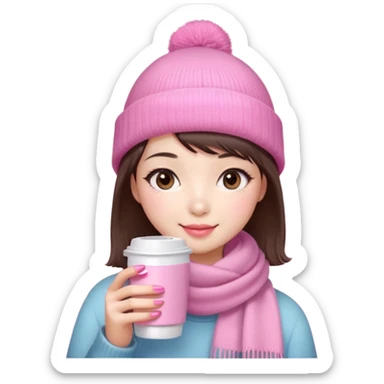 Cute East Asian girl, soft fair skin, big brown eyes, long lashes, natural pink lips, inward brown bob with straight bangs. Wearing pink beanie and scarf, rosy cheeks, shy smile, holding warm drink, pink nail sticker