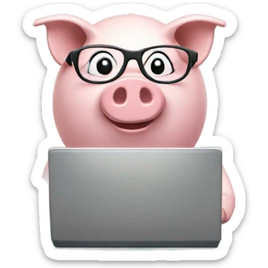 A smiling piggy bank wearing glasses and holding a computer mouse
 sticker