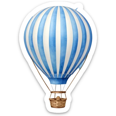 "A dreamy hot air balloon with blue and white stripes, floating among soft clouds, watercolor aesthetic." sticker