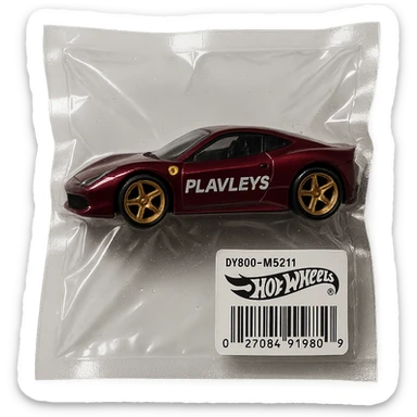 burgundy Ferrari Hot Wheels car with 'PLAVLEYS' text on the side, glossy, vacuum-sealed style sticker