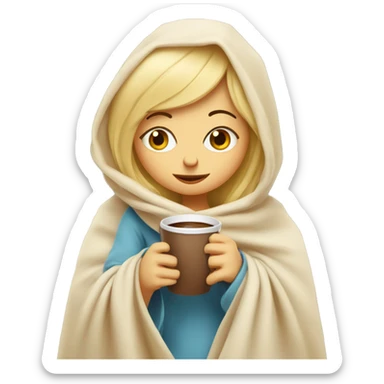 Cute Blonde girl wrapped in big blanket over head drinking coffee sticker