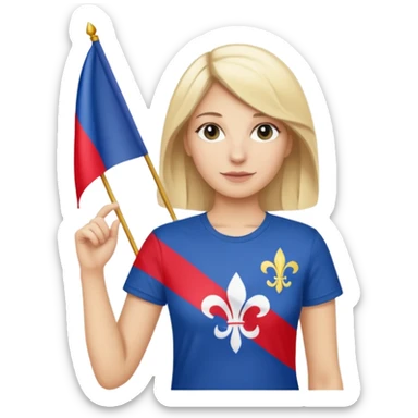 White woman with blonde hair holding a French flag in hand with a fleur-de-lily t-shirt sticker