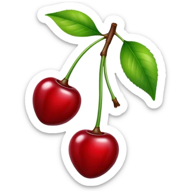 A pair of glossy red cherries with green stem and leaf sticker