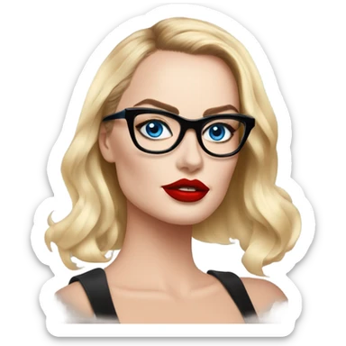 Real Margot Robbie, bright blue eyes and winged eye liner, red kisses, wearing black glasses  sticker
