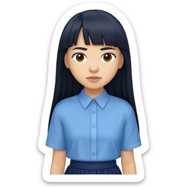 hair : black long hair with fringe 
skin : light 
cloth : oversize light blue shirt + navy long long skirt 
 sticker