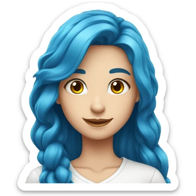 An attractive and impressive girl of European appearance with long blue hair and a white shirt smiles sticker