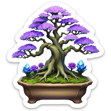 Futuristic wild glowing space alien moss maples Bonsai hair-pine-leaf group multi faceted intricate crystalline inspired boxwood purple rose blue informal rocky cliffhanger eight trees forest planting in shallow willow slab style pot with big animal-like feet  sticker