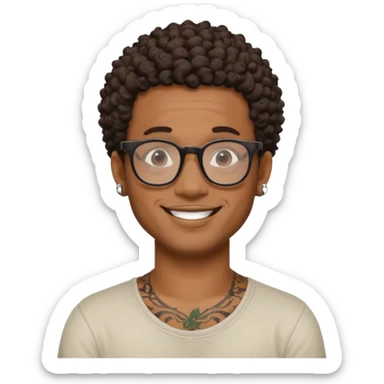 Black man, short curly hair, black glasses, small neck tattoo, smiling, artistic and adventurous vibes sticker