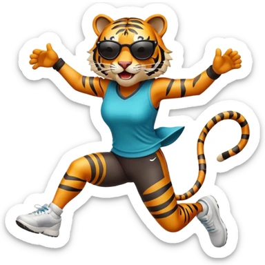 female energetic anthropomorphised tiger in sports clothes, wearing dark sunglasses, jumping with excitement sticker