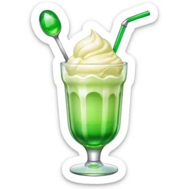 Create an emoji with a clear rounded glass, bright transparent green soda, vanilla ice cream scoop
 sticker