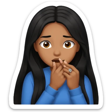 biting nails in flirtatious and shy way, brown skin, long black hair sticker